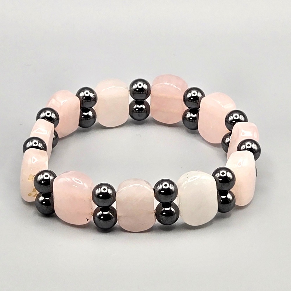 Rose Quartz and Hematite Stretch Bracelet Pink Stone Metallic Beads 6.5 Inch